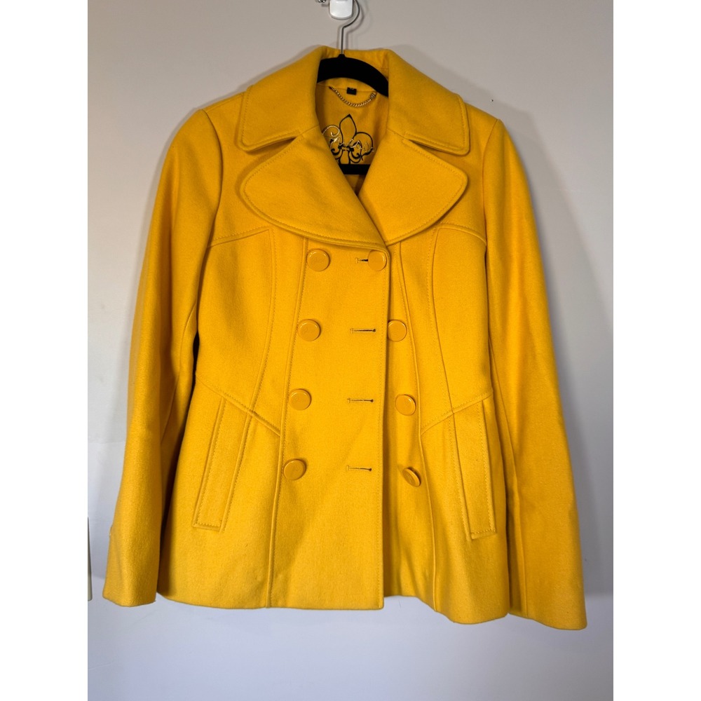 Guess Womens Mustard Yellow Wool Blend Double Breasted Pea Coat Jacket XS
